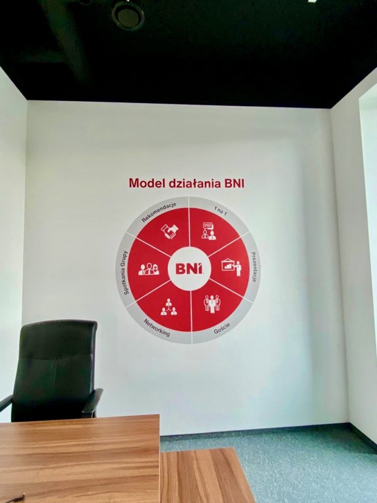 Branding sali konferencyjnej BNI i CC w Katowicach – tapety wielkoformatowe i logo 3D